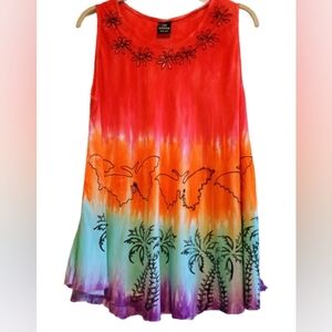 Boho Tie-Dye Butterfly Palm Tree‎ Swing Dress - Free Size Festival Hippie Chic